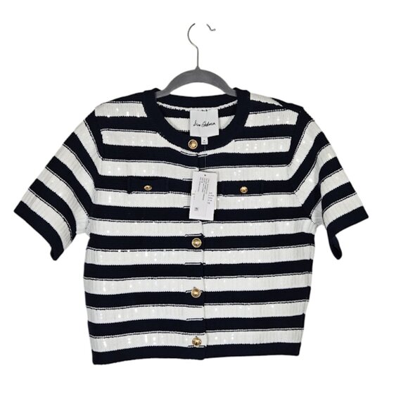SAM EDELMAN Colleen Stripe Short Sleeve Cardigan knit blue Size Medium NWT - Picture 6 of 9
